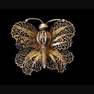 Antique Filigree 925 Sterling Yellow Gold Vermeil 1" Butterfly Brooch Pin